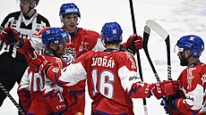 Čeští hokejisté se radují z gólu Tomáše Dvořáka.