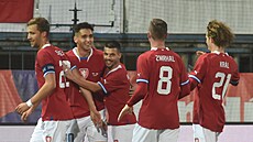 etí fotbalisté se radují z gólu, který Faerským ostrovm vstelil Mojmír...