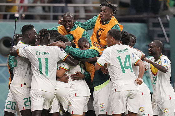 Senegaltí fotbalisté oslavují gól v utkání proti Ekvádoru.