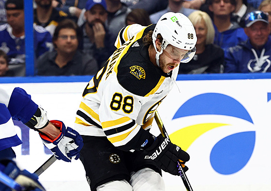David Pastrňák z Boston Bruins v zápase s Tampa Bay Lightning