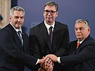 Rakouský kanclé Karl Nehammer, maarský premiér Viktor Orbán a srbský...