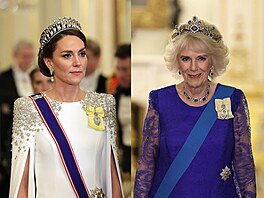 Princezna Kate a královna cho Camilla na banketu v Buckinghamském paláci...