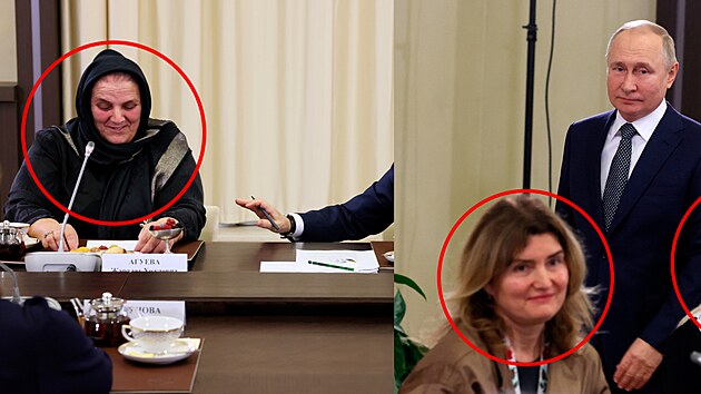 Putinova schůzka s ruskými matkami, které přišly o své syny na Ukrajině. Vlevo Žaradat Aguevová z Čečenska. Vpravo propagandistická režisérka, Olesja Šiginová.