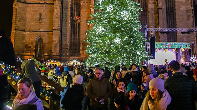 N�m�st� Republiky v Plzni s rozsv�cen�m v�no�n�m stromem a adventn�mi trhy. (27. listopadu 2022)