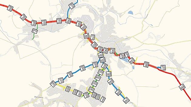 Současné zatížení silniční sítě v Žamberku s intenzitami vozidel za 24h.