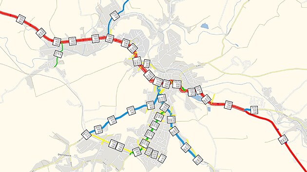 Předpokládané zatížení silniční sítě v Žamberku v roce 2029.