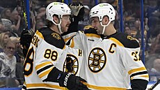 David Pastrák a Patrice Bergeron slaví gól v zápase hokejové NHL mezi Bostonem...