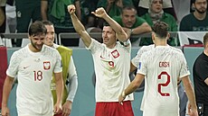 Pol�tí fotbalisté oslavují gól Roberta Lewandowského (s �íslem 9) do sít�...