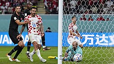 Kanadský branká� Milan Borjan inkasuje gól od Andreje Kramari�e z Chorvatska.