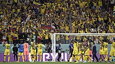 Hráči Ekvádoru se spolu se svými fanoušky radují z výhry nad Katarem