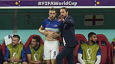 Anglický kou� Gareth Southgate a hrá� Jordan Henderson b�hem zápasu proti USA.
