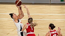 eská basketbalistka Kateina Zeithammerová v obranné innosti.