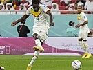 Senegalský útoník Boulaye Dia skóruje v utkání proti Kataru.