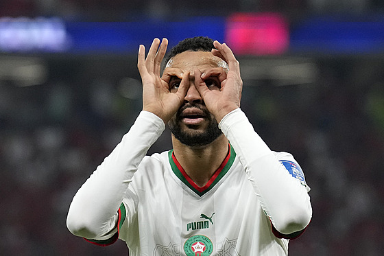 Marocký útoník Júsuf En-Nesjrí slaví gól proti Kanad.