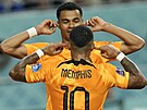 Nizozemský útoník Memphis Depay (zády) slaví svj gól proti Spojeným státm se...