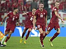 Srbtí fotbalisté se radují z gólu do sít výcarska v utkání na mistrovství...