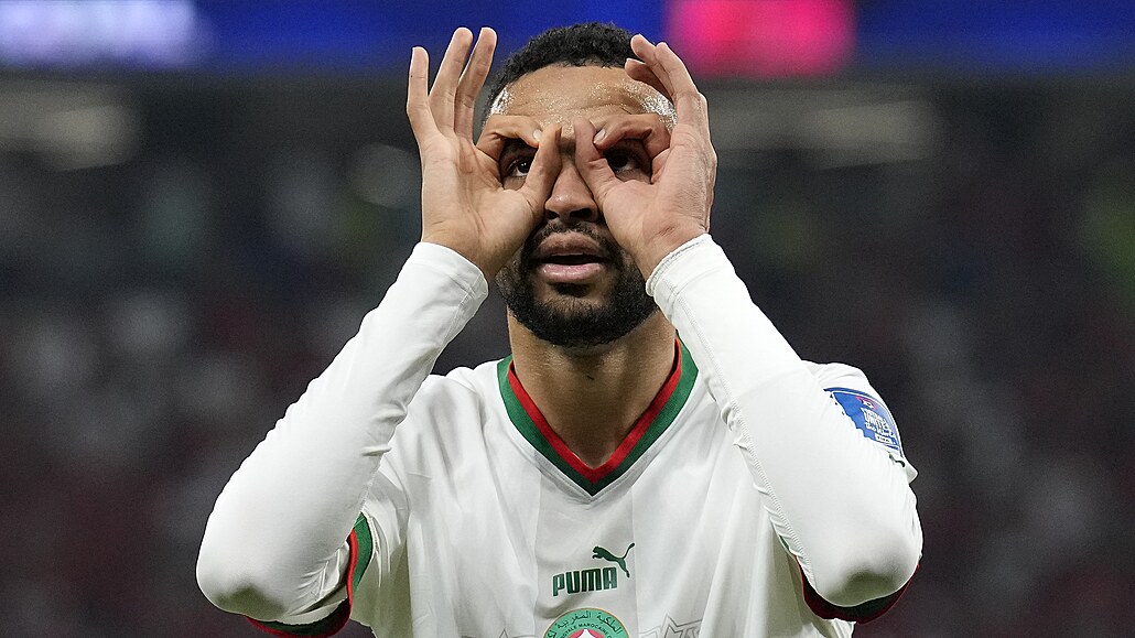 Marocký útoník Júsuf En-Nesjrí slaví gól proti Kanad.