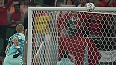 Kanadský gólman Milan Borjan sleduje mí�, který mí�í do jeho brány.