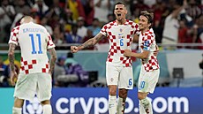 Dejan Lovren a Luka Modri z Chorvatska slaví postup ze skupiny.