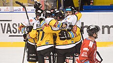 Litvínov�tí hokejisté se radují z gólu proti Olomouci.