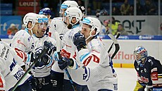 Plzeňští hokejisté se radují z gólu proti Českým Budějovicím.