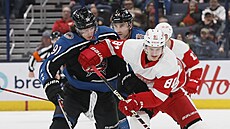 Kent Johnson (vlevo) z Columbus Blue Jackets brání Dominika Kubalíka z Detroit...