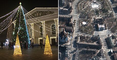 Ped válkou a te. Na snímku vlevo je Divadelní námstí v ukrajinském Mariupolu...