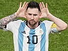 Argentinský kapitán Lionel Messi se vysmívá nizozemské lavice poté, co...