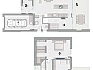 Pdorys domu: pízemí -  1/ obývací prostor s jídelním stolem a kuchyskou...