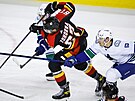 Radim Zohorna z Calgary Flames v bruslaském souboji s hrái Vancouver Canucks,...