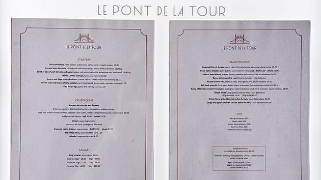 Takto vs lk menu v londnsk restauraci s francouzskou kuchyn Le Pont de la Tour.