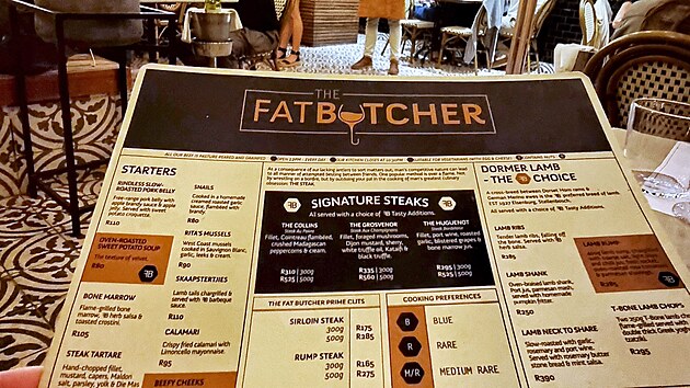 Menu jihoafrick restaurace The Fat Butcher je lehce rozpustil.