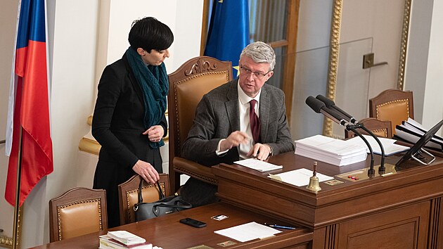 Pokračuje řádná schůze Sněmovny. Na snímku Markéta Pekarová Adamová a Karel Havlíček. (14. prosince 2022)