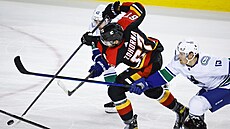 Radim Zohorna z Calgary Flames v bruslaském souboji s hrái Vancouver Canucks,...