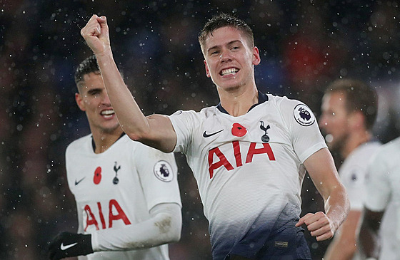 Stoper Juan Foyth z Tottenhamu oslavuje svoji trefu do sít Crystal Palace.