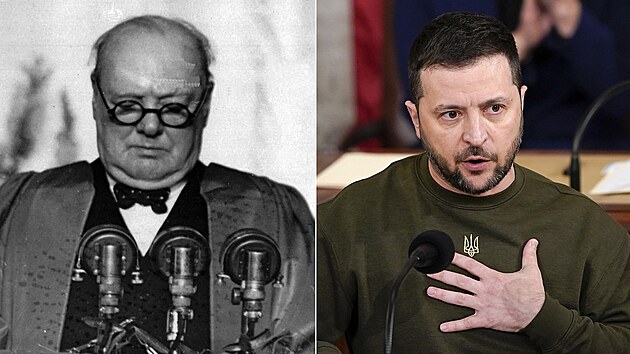 Vlevo Winston Churchill bhem svého slavného projevu o elezné opon...