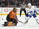 Karel Vejmelka v brán Arizona Coyotes zasahuje v zápase s Toronto Maple Leafs...