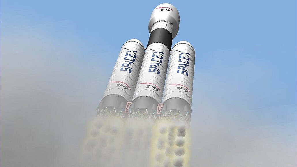 Falcon 9 Heavy se zaehnutým prvním stupnm v pedstav ilustrátora