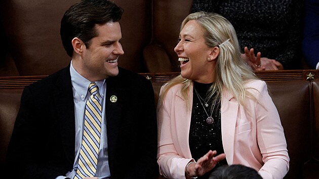 Republikni Matt Gaetz a Marjorie Taylor Greeneov bhem hlasovn o pedsedovi Snmovny reprezentant (5. ledna 2023)