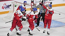 Čeští hokejisté oslavují vstřelenou branku.