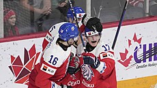 Čeští hokejisté do dvaceti let křepčí po brance útočníka Petra Hausera (17) ve...