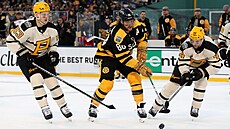 David Pastrňák (88) z Boston Bruins a Jan Rutta (44) z Pittsburgh Penguins v...