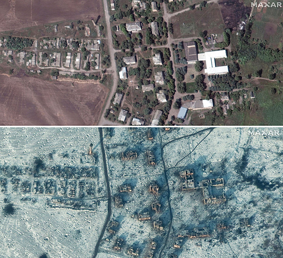 Satelitní snímek kol a budov v jiním Soledaru na Ukrajin. Snímek z 1. srpna...