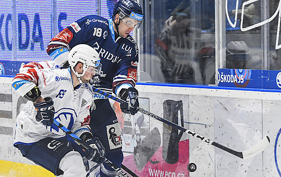 Adrián Holeinský (v bílém) z Plzn v souboji s Lukáem Kováem z Vítkovic.