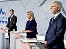 Debata prezidentských kandidát na Nov. Zleva Andrej Babi, Danue Nerudová,...