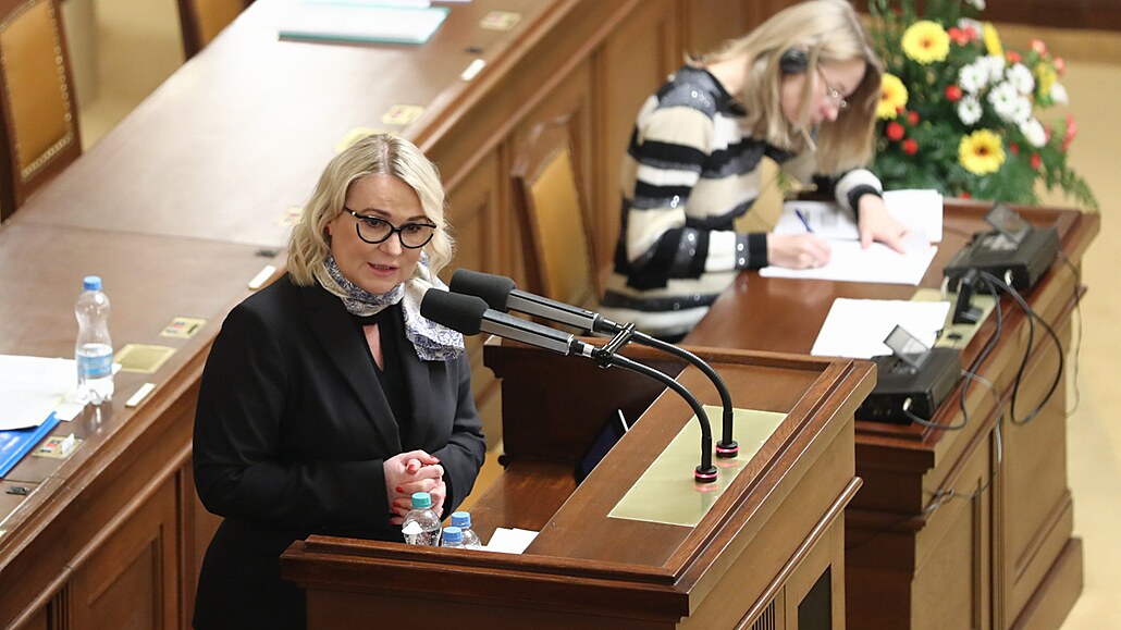 Ministryně obrany Jana Černochová ve Sněmovně před hlasováním o nedůvěře vládě
