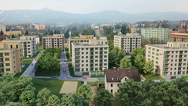 Vizualizace plnovan podoby tvrti s novmi bytovmi domy v Liberci na Frantikov