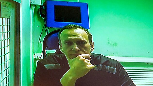 Vznný pedák ruské opozice Alexej Navalnyj hovoí k moskevskému soudu pímo z...
