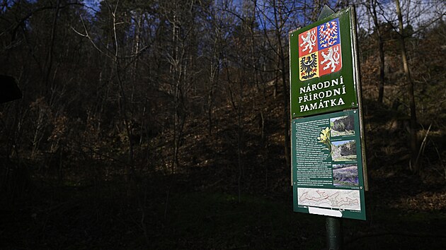 Cedule upozorujc na nrodn prodn pamtku nedaleko zbytk bvalho Trunekova mlna v Dalejskm dol. (5. ledna 2023)
