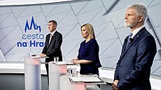 Debata prezidentských kandidát na Nov. Zleva Andrej Babi, Danue Nerudová,...